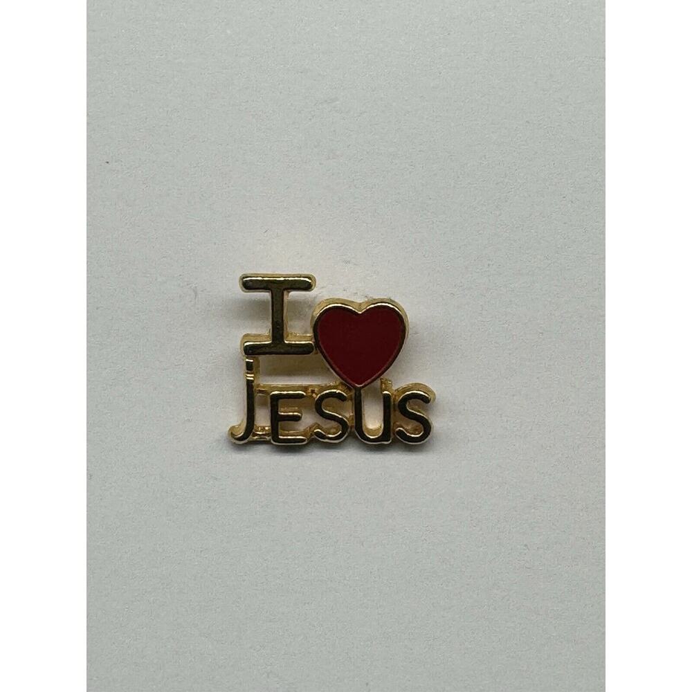 I Love Jesus Gold Tone Lettering Red Heart Tack Lapel Pin Brooch‎